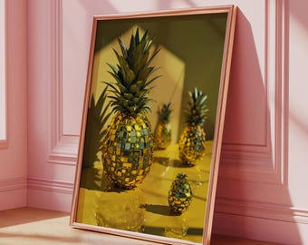 Retro Pineapple Disco Art Print, Funky Disco Decor, Cherry Fruit Print Y2K, 70s Prints, Dopamine Decor, 8 Ball Cherry, Meet Me At The Beach