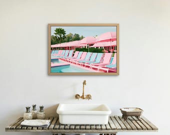 Retro Pink and Blue Chairs and Umbrella Vintage Photograph, Coastal Wall Art, Coastal Home Decor, College Apartment Decor, Palm Tree Print