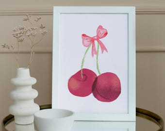 Coquette Cherry Wall Art Print, Girly Wall Art, Trendy Wall Art, Pink Bow Print, Digital Download, Dorm Room Decor