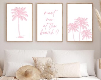 Set of 3 Pink Retro Palm Tree Beach Prints, Tropical Vintage Wall Art, Coastal Wall Decor, Travel Poster, Printable Art, Digital Download