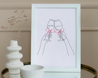 Wine Glass Coquette Bow Wall Print, Bar Cart Decor, Home Decor, Girly Wall Art, Digital Download