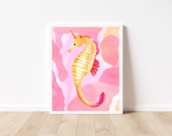 Seahorse Nursery Wall Art, Colorful Sea Creatures, Baby Wall Decor, Kids Room Wall Art, Digital Watercolor Print