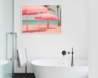 Retro Pink Umbrella Vintage Beach Photograph Print, Coastal Wall Art, Beach House Decor, College Apartment Decor, Surf Print, Downloadable