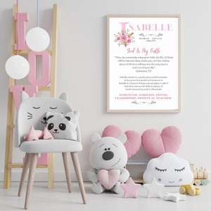 May include: A pink and white printable wall art design featuring the name "Isabelle" and a floral illustration. The text reads "God is my oath" and includes a Bible verse from Ephesians 3:17. The design also includes the words "Strength, Nobility, Divine, Leadership, Spiritual Teacher".
