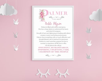 Impresión personalizada de nombre de niña, cartel de significado de nombre, decoración floral de guardería, victoriano, regalo de definición de nombre, regalo de baby shower, descarga digital