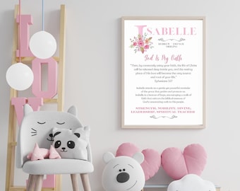 Significado de nombre bíblico personalizado, regalo de bautismo, decoración de pared cristiana, decoración de habitación infantil, arte mural con versículos bíblicos, impresión de habitación de niña