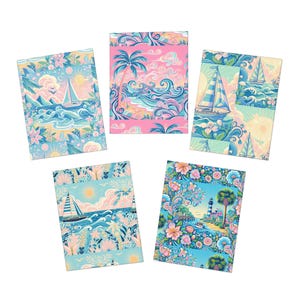Ensemble de cartes de voeux tropicales - joyeux anniversaire, merci, célébration, ambiance estivale, thème de la plage, oeuvre d'art originale