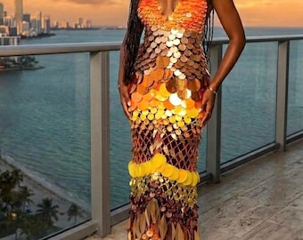 Sunset Sequin Crochet Dress, Handmade Statement Maxi Dress, Festival Glam Dress, Orange Gold Halter Dress, Luxury Resort Wear, Wearable Art