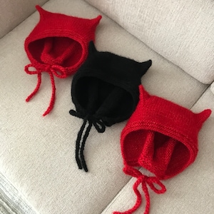 Devil bonnet red knit cat bonnet cat ears hat mohair knit adult bonnet mohair hat red adult bonnet  winter woman balaclava  beanie with ears