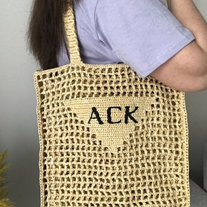 Sac fourre-tout en raphia au crochet, sac de plage en raphia, sac hobo personnalisé, sac en filet, sac en paille d'été, sac seau, sac shopping, sac au crochet image 6