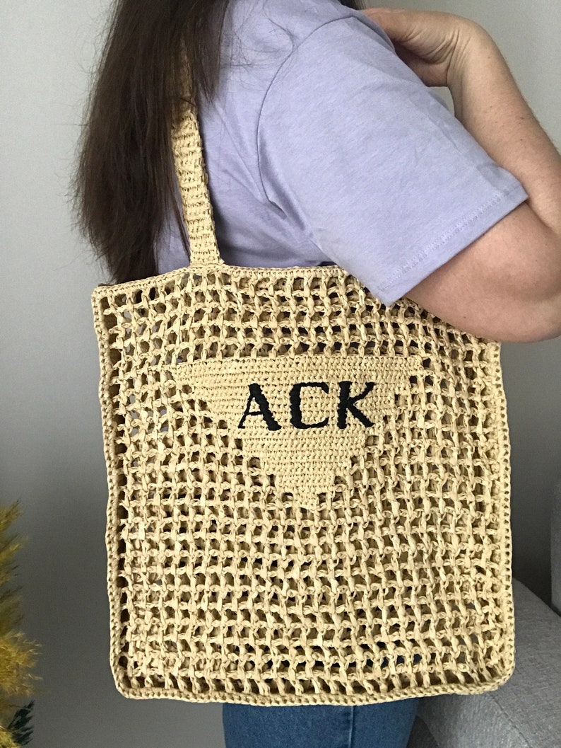 Sac fourre-tout en raphia au crochet, sac de plage en raphia, sac hobo personnalisé, sac en filet, sac en paille d'été, sac seau, sac shopping, sac au crochet image 6