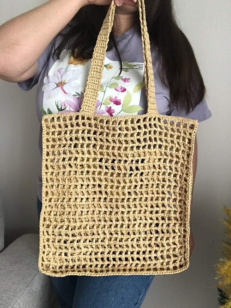 Sac fourre-tout en raphia au crochet, sac de plage en raphia, sac hobo personnalisé, sac en filet, sac en paille d'été, sac seau, sac shopping, sac au crochet image 8