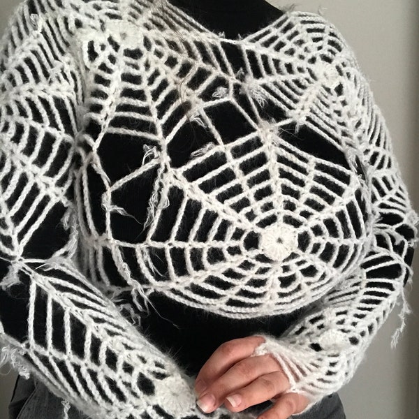 Crochet spiderweb mesh crop top, crochet mesh spiderweb sleeves, gothic shrug, spider web tunic