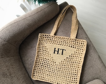 Crochet raffia tote bag, beach raffia bag, personalized hobo bag, mesh bag, summer straw bag, bucket bag, shopping bag, crochet bag