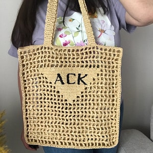 Sac fourre-tout en raphia au crochet, sac de plage en raphia, sac hobo personnalisé, sac en filet, sac en paille d'été, sac seau, sac shopping, sac au crochet image 7