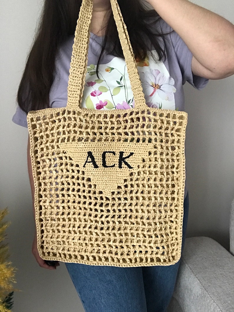 Sac fourre-tout en raphia au crochet, sac de plage en raphia, sac hobo personnalisé, sac en filet, sac en paille d'été, sac seau, sac shopping, sac au crochet image 7