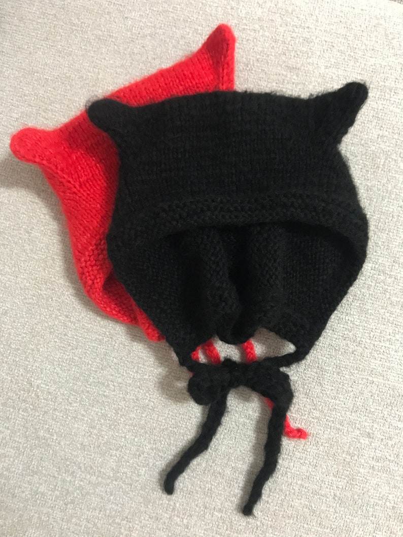 Diable bonnet rouge en tricot chat oreilles de chat chapeau en mohair tricoté adulte bonnet en mohair rouge adulte bonnet hiver femme cagoule bonnet avec oreilles image 5