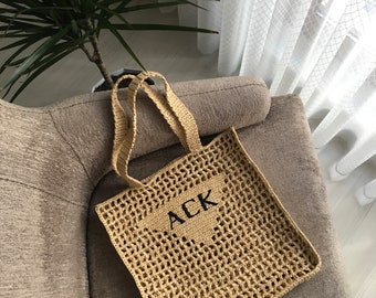 Gehaakte raffia draagtas, strand raffia tas, gepersonaliseerde hobo tas, netje, zomer strozak, emmer tas, boodschappentas, gehaakte tas