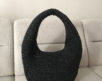 Raffia hobo handbag, raffia shoulder bag, raffia crochet bag, black raffia medium bag
