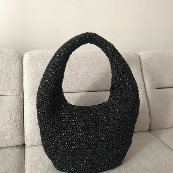 Raffia hobo handbag, raffia shoulder bag, raffia crochet bag, black raffia medium bag