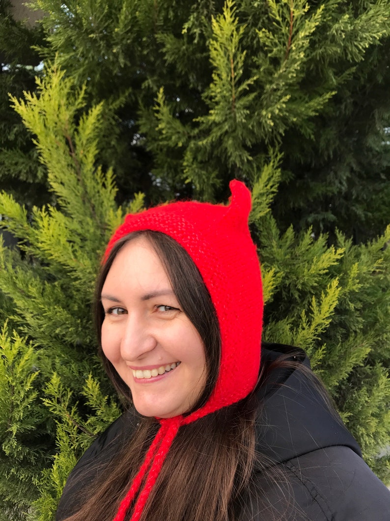 Diable bonnet rouge en tricot chat oreilles de chat chapeau en mohair tricoté adulte bonnet en mohair rouge adulte bonnet hiver femme cagoule bonnet avec oreilles image 2