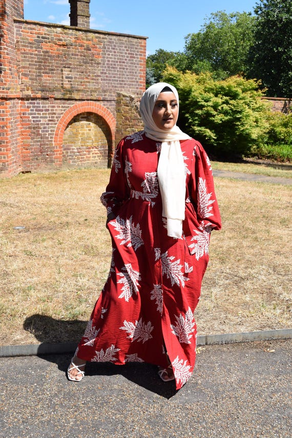 red maxi shirt dress Modest Maxi shirt dress in Apple Red with White florals & Pockets
