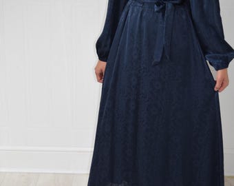 Vestido camisero largo modesto de jacquard en forma de A, color azul marino