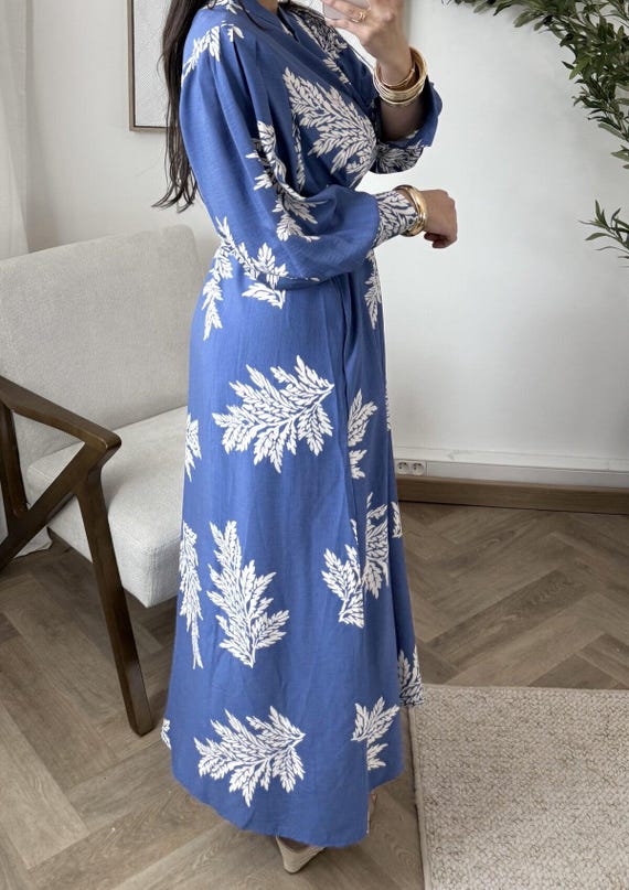 Modest Maxi shirt dress in Cornflower Blue with White florals & Pockets