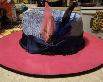 Classy 2 toned wood brim straw fedora