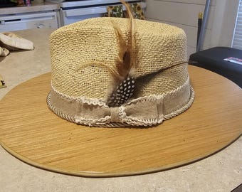 Natural color wide wood brim straw fedora