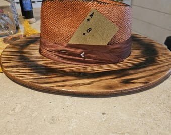 Distressed summer wide wood brim straw fedora