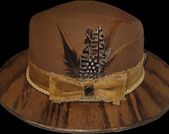 Customizable FEDORA Wide BRIM HAT, Rear Plate Oak Wooden Brim Fitted Fedora Hat for Men/Women