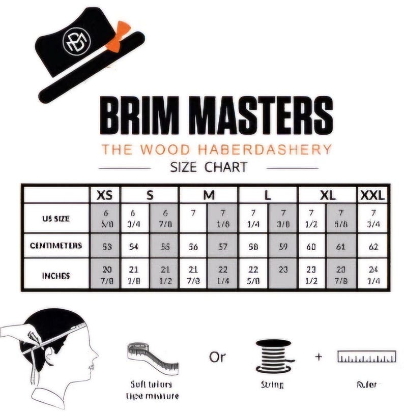 Puede incluir: Una tabla de tallas para sombreros, que muestra las medidas en tallas de EE. UU., cent&iacute;metros y pulgadas. La tabla incluye las tallas XS, S, M, L, XL y XXL. La tabla est&aacute; titulada "Brim Masters The Wood Haberdashery Size Chart".