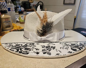Fun Festive All White Party wide wood brim Hat