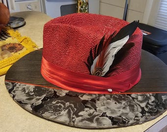 Red Garden Straw Wood Brim Summer Hat