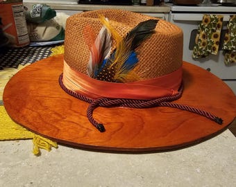 Classy Orange wide wood brim Straw Fedora