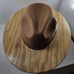 WIDE BRIM Leather Band Fedora HAT, Real Oak Rustic Wooden Brim Felt Hat with Vegan Wool Crown