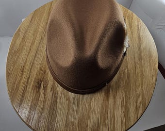 WIDE BRIM Leather Band Fedora HAT, Real Oak Rustic Wooden Brim Felt Hat with Vegan Wool Crown