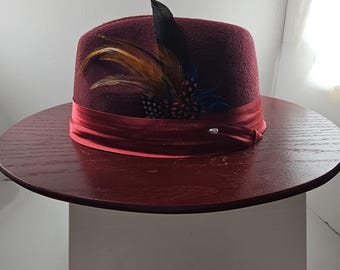 Wide Brim FEATHER HAT FEDORA, Vintage Oak Wooden Cowboy or Cowgirl Fedora Hat Gift for Fashion