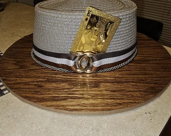 FEDORA BOATER Wide Brim Straw HAT, Unisex Traditional Boater Style Wooden Oak Brim Sun Hat Fedora