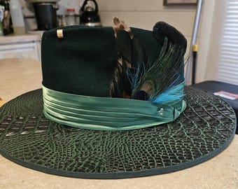 Emerald Green Gator Back Wide Wood Brim Fedora