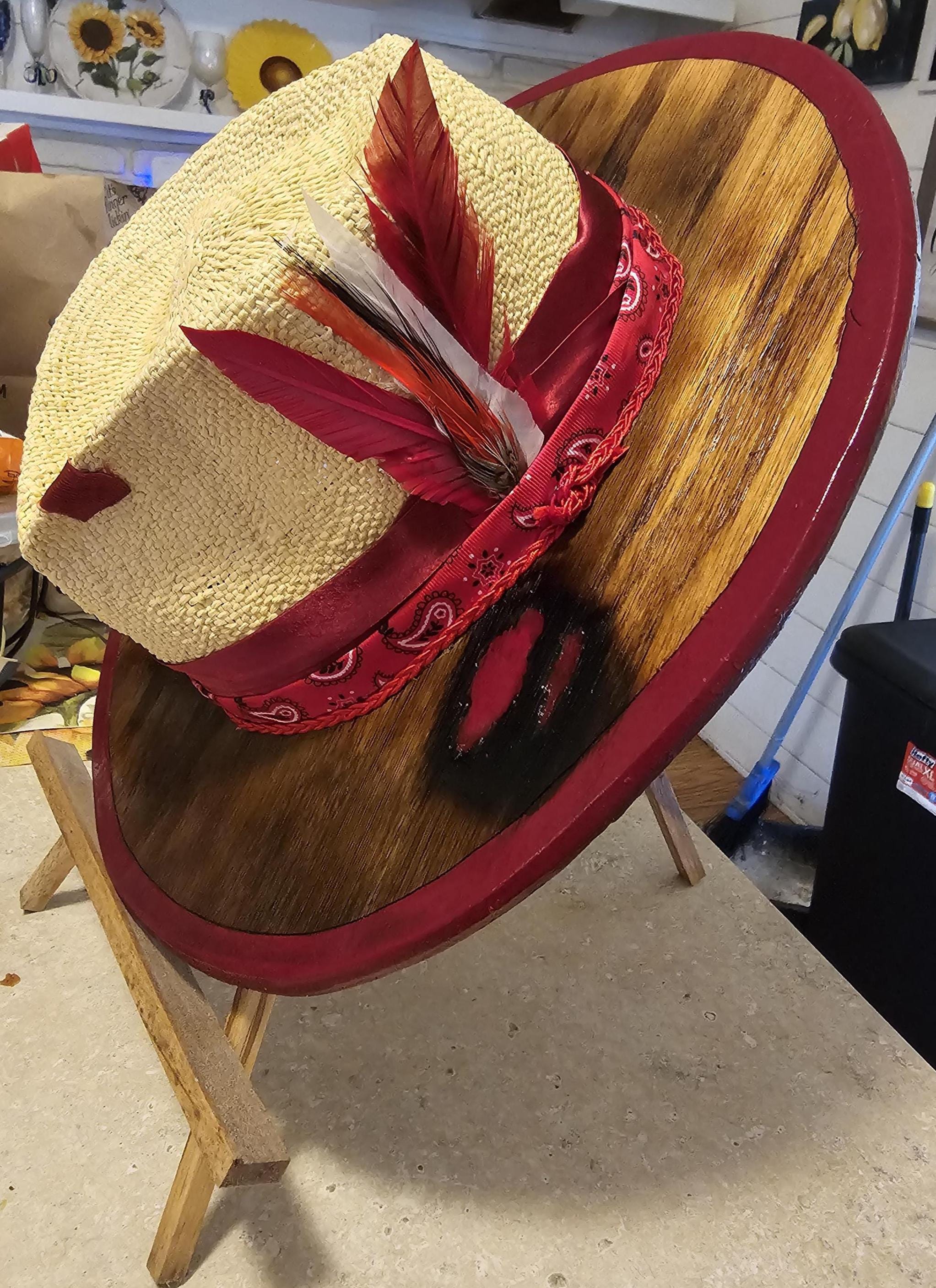 DELIGHTFUL VINTAGE NATURAL STRAW HAT WITH BURGUNDY TRIM & FEATHERS Vintage 1940s Wool Feather Tilt Fascinator Hat, Tilt Topper  main image 2
