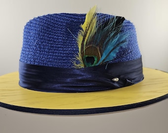 PEACOCK FEATHERS Standard Brim Straw HAT, Unisex Wooden Oak Brim Stylish Fedora Sun Hat for Gift