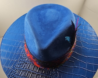 Deluxe Royal Blue Gator Back Wide Brim Fedora