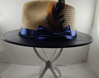FUR FEATHER Wide Brim FEDORA Hat, Cream or Natural Royal Blue Themed Oak Wooden Brim Hat for Fashion