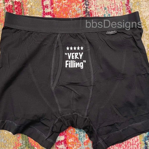 Fun Fathers Day Custom mens boxer briefs, Personalized underwear-anniversary, birthday, Valentine’s Day, funny gift “VERY FILLING”