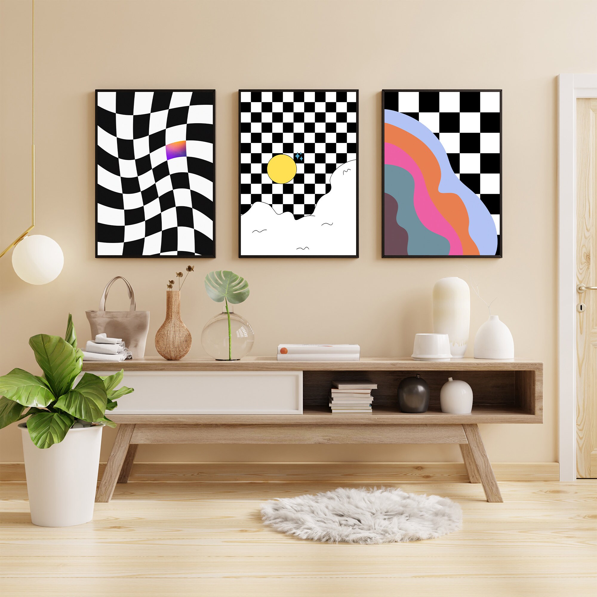 Checkered Wall Art, Digital Poster Pack, Retro Checkered Print, Set of ...