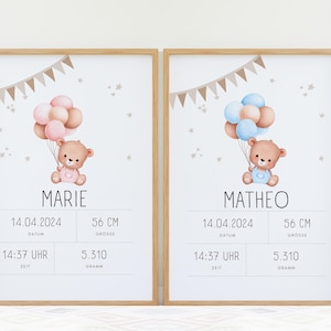 Geburtsdaten Poster Druck, Geburtsposter, personalisiertes Geschenk Geburt, Geburtstafel, Geburtsposter Teddy, DIN A3, DIN A4, ausgedruckt