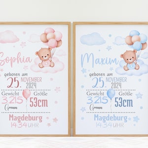 personalisiertes Geschenk Geburt, Newborn Poster, Geburtstafel, ausgedruckt, Geburtsposter Teddy, blau, rosa, Junge, Mädchen, DINA3, DINA4