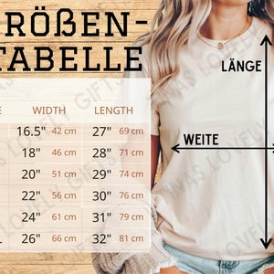 May include: Size chart for a t-shirt with measurements in inches and centimetres. The chart shows the width and length of the shirt in different sizes: XS, S, M, L, XL, and 2XL.